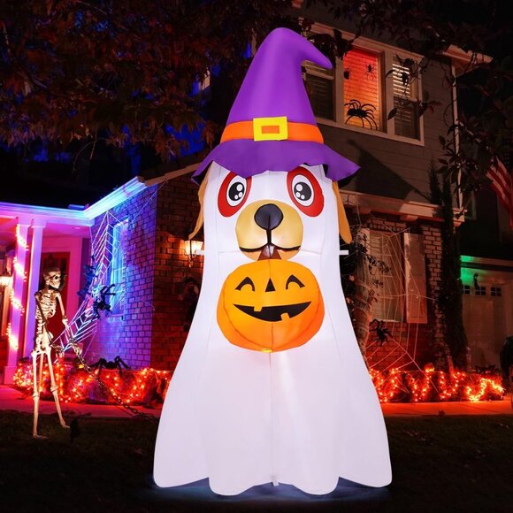 🆕Halloween White Dog Outdoor Decorations Blow Up Ghost with Pumpkin LED Light - Picture 1 of 6